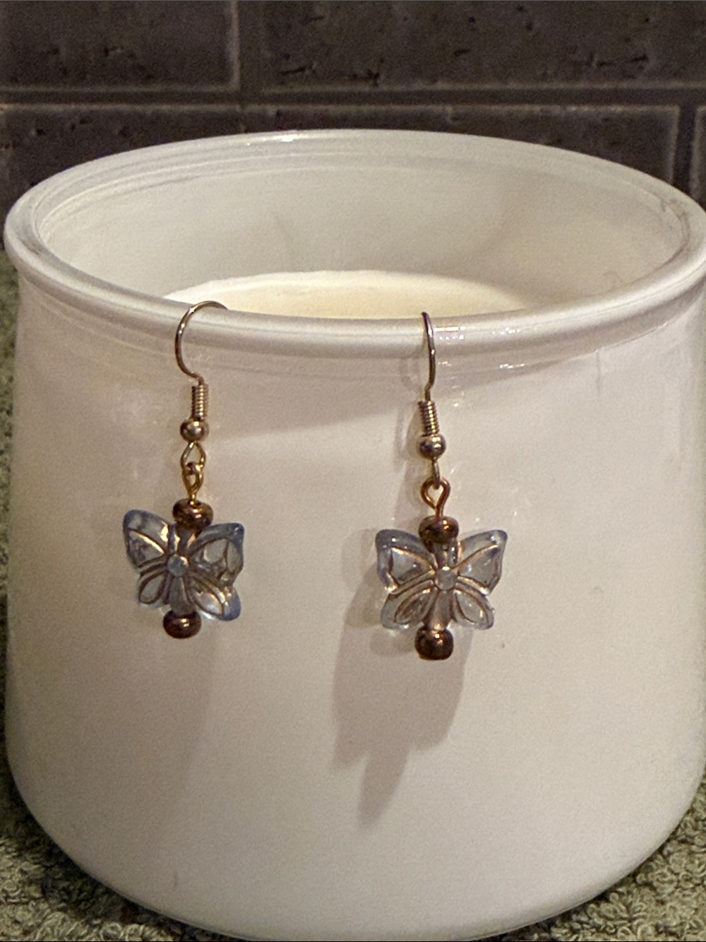 Gold-Tone Butterfly Drop Earrings with Pale Blue Wings Lightweight Acrylic